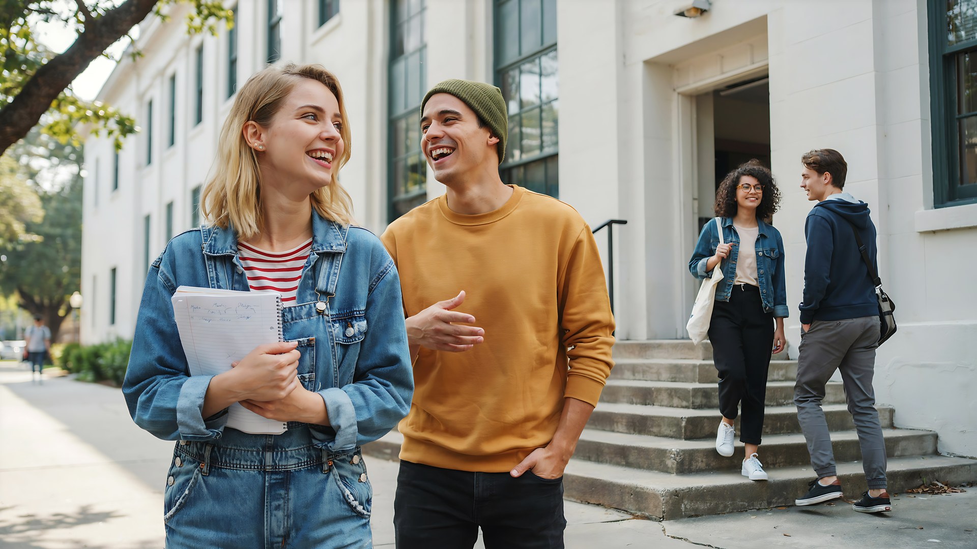 Studenci z dokumentami przed budynkiem uczelni