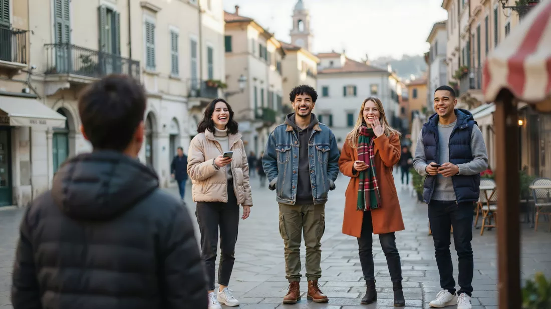 Young students walking along a cobblestone street in a European university town
