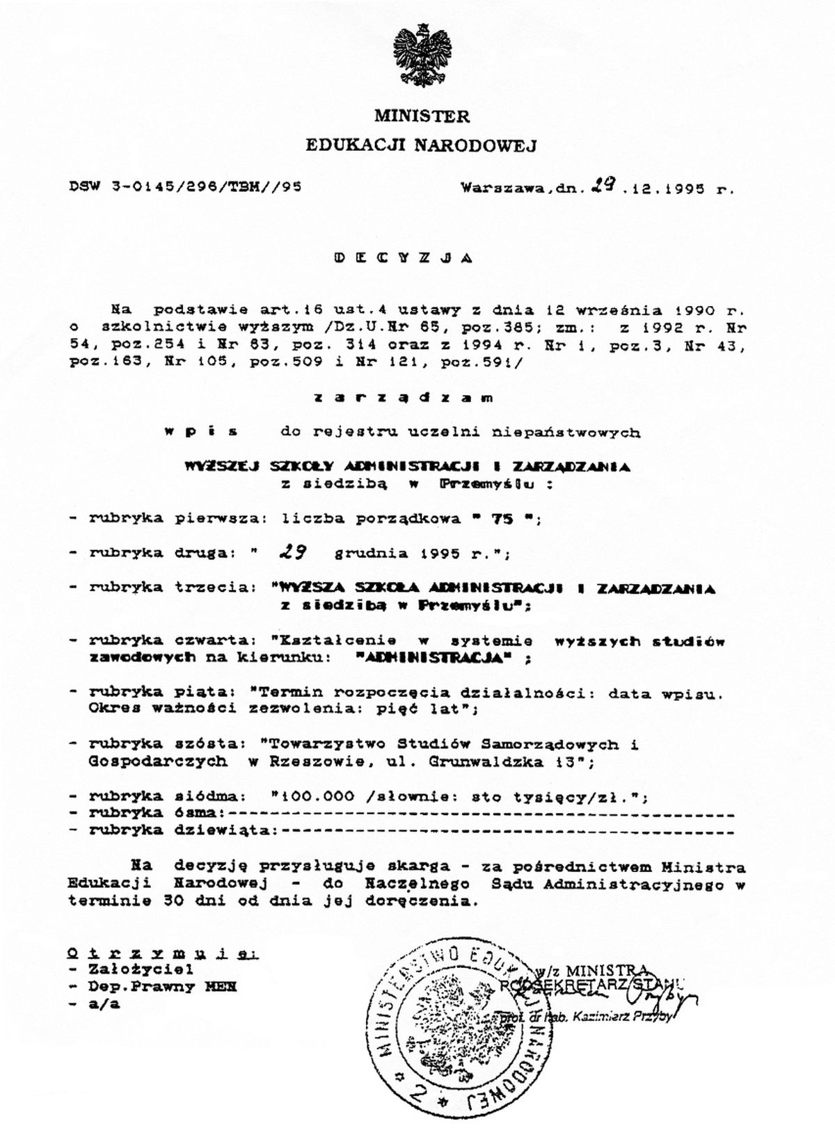 1995 Decyzja MENiS o wpisie do rejestru uczelni niepaństwowych